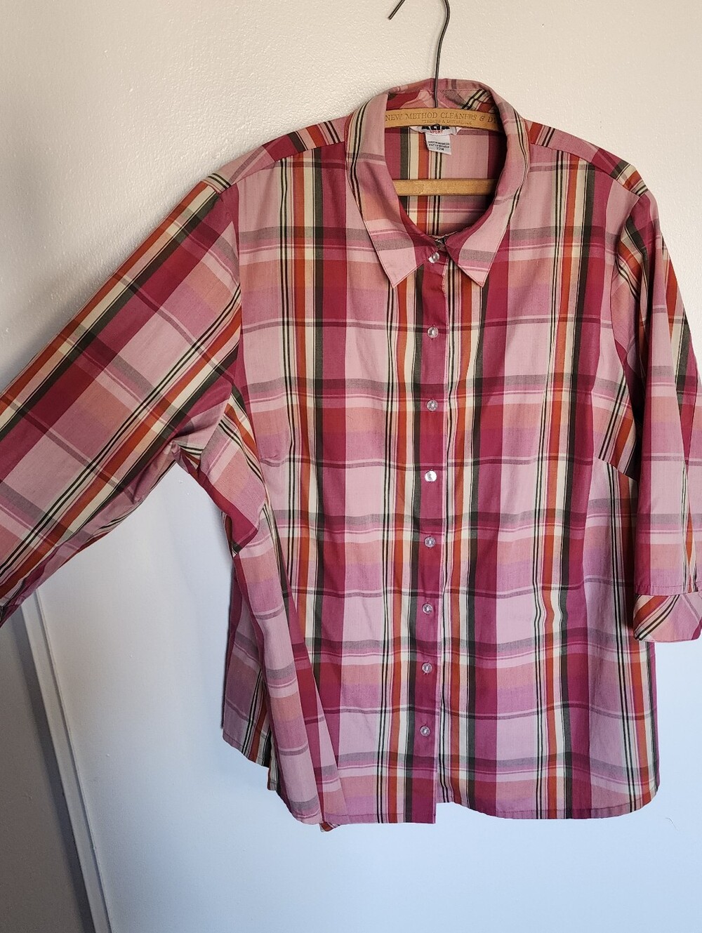Vintage Alia Sport Pink Red Orange Plaid 3/4 Slit Sleeve Shirt Blouse Plus 22W